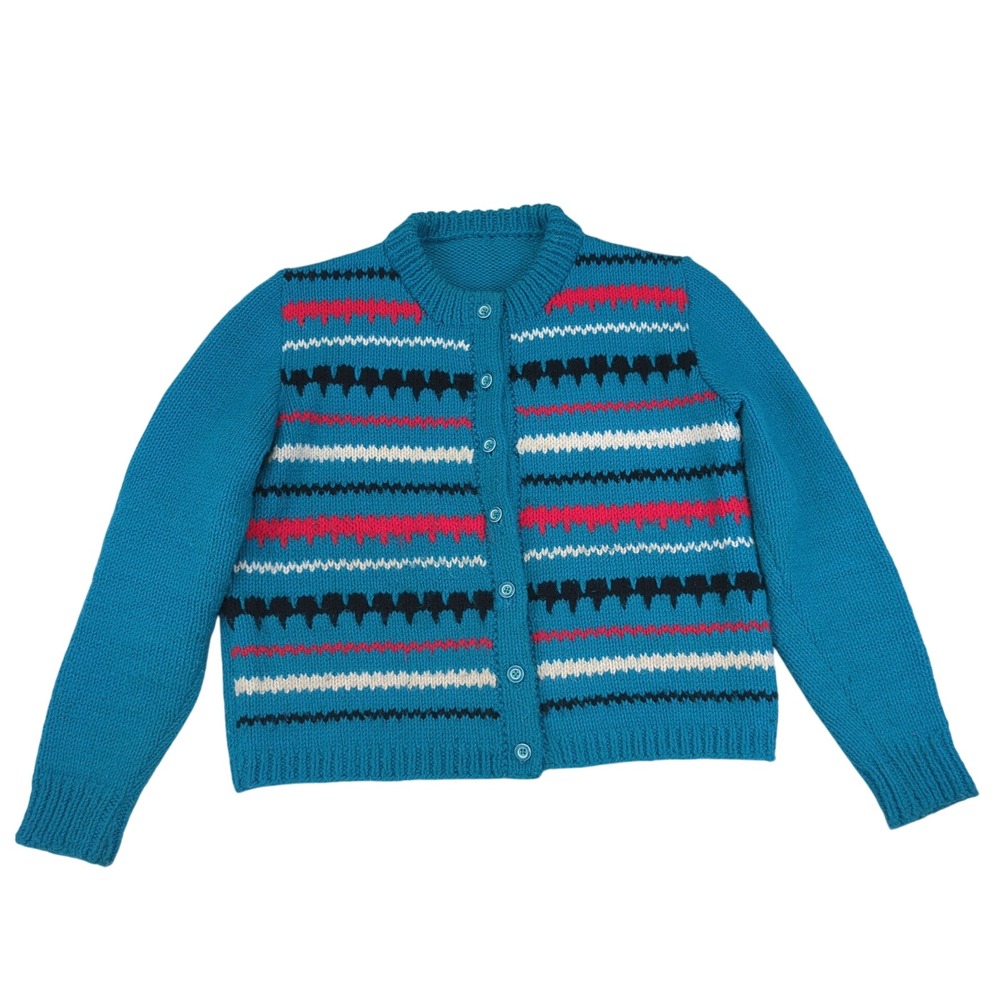 Vintage Womens Knit Cardigan Striped Teal Blue Sweater Button Front Jacket Large